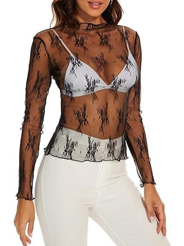 Women's Floral Lace Semi-sheer Top, Elegant Long Sleeve Top for Beach Vacation Holiday, Ladies Clothes for All Seasons