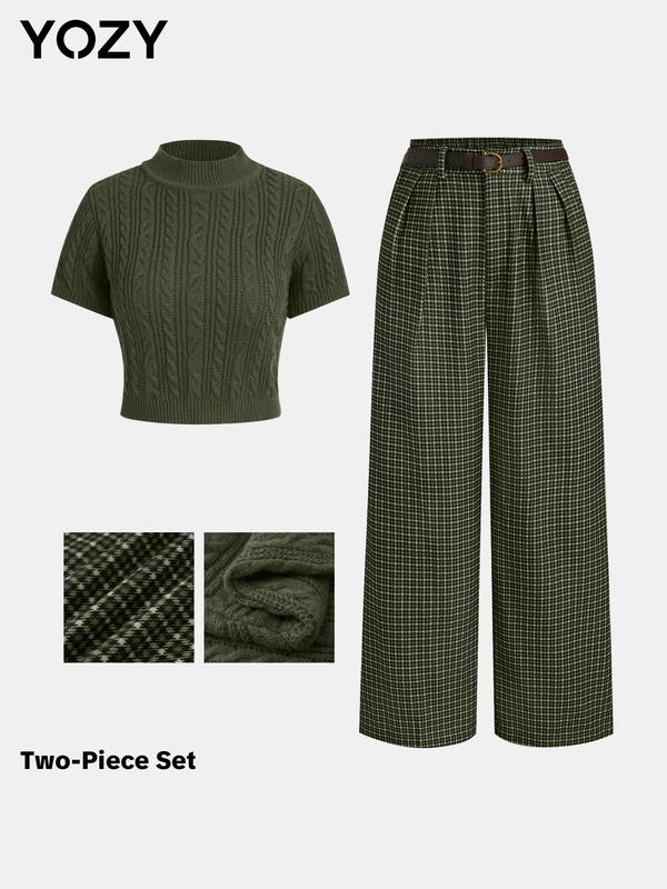 YOZY Black Friday Deals, Two-piece Set Women's Solid Textured Top & Plaid Zipper Trousers, Short Sleeve Top & Pocket Wide Leg Pants for Spring & Fall, Women's Clothes for Daily Wear, Christmas 2024 Trend, Thanksgiving Outfits, Fall Outfits, Winter Outfits