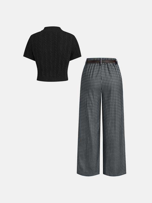 YOZY Black Friday Deals, Two-piece Set Women's Solid Textured Top & Plaid Zipper Trousers, Short Sleeve Top & Pocket Wide Leg Pants for Spring & Fall, Women's Clothes for Daily Wear, Christmas 2024 Trend, Thanksgiving Outfits, Fall Outfits, Winter Outfits