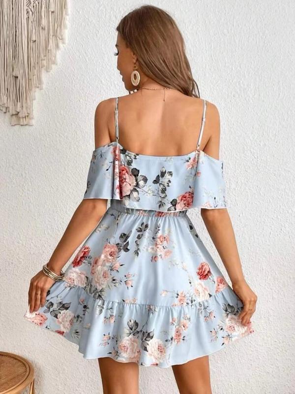 Women's Floral Print Cold Shoulder Ruffle A Line Vintage Dress, Summer Outfits 2024, Boho Flounce Sleeve Short Dress for Beach Holiday Vacation, Bohemain Lady Sundress, Ladies Birthday Outfit Black Girl Thneed Dress