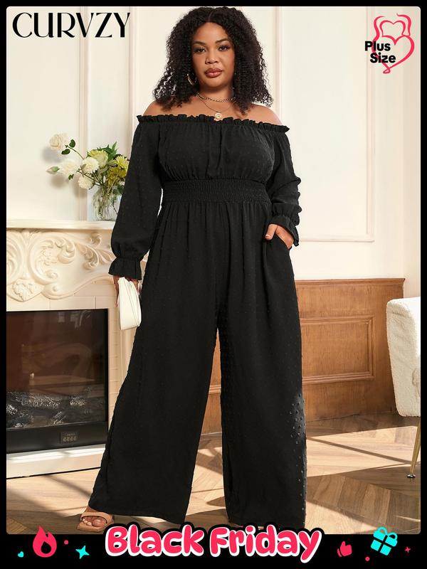 Black Friday Deals CURVZY Plus Size Swiss Dot Off Shoulder Shirred Waist Pocket Jumpsuit, Boho Flounce Sleeve Wide Leg Jumpsuit for Vacation Holiday Party, Women's Clothes for Christmas 2024 Trend,Thanksgiving Clothing,Fall Clothing,Winter Clothing