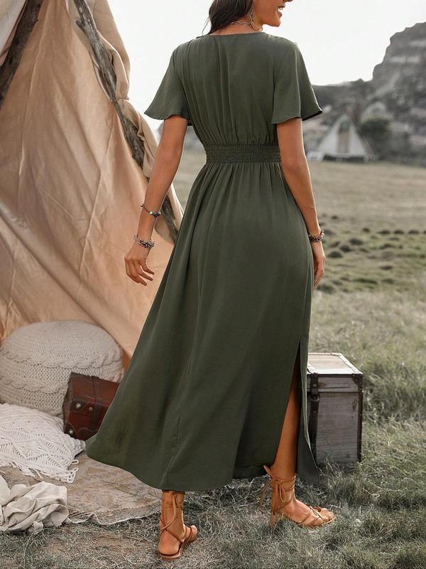 Women's Plain Split Thigh A Line Vintage Dress, Boho Shirred Butterfly Sleeve Long Dress for Beach Holiday Vacation, Back To School Clothes, Ladies Clothes for All Seasons,  Fall Dresses