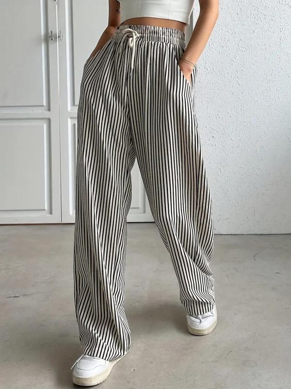 Women's Striped Print Drawstring Waist Wide Leg Pants, Casual Pocket Trousers for Summer, Women's Bottoms for Daily Wear