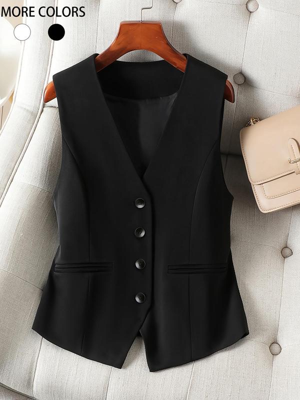 Women's Solid Button Front V Neck Vest Blazer, Casual Pocket Sleeveless Outerwear for Spring & Fall, Ladies Clothes for Daily Wear