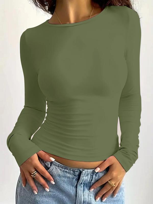 Fall Women's Plain Round Neck Long Sleeve Tee, Casual Solid Crew Neck T-shirt for Spring & Fall, Fashion Women's Top for Daily Wear, Fall Outfits, Fallfreshness, Downtown Girl Clothes, Brandy Tops