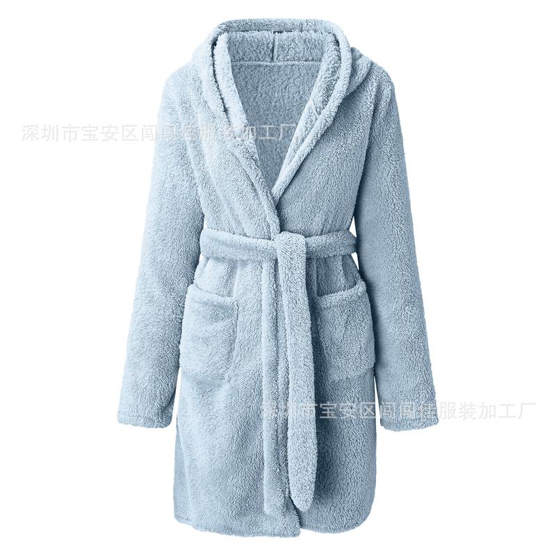 2024 Hot Sale Fall Winter Hooded Home Casual Plush Pajamas Pure Color Warm Keeping Bathrobe Women Womenswear Gowns Womenswear Gowns