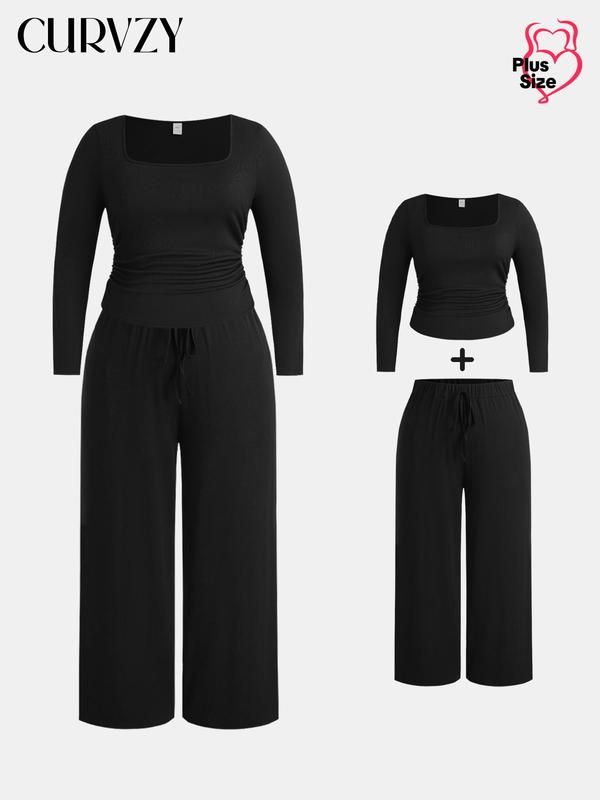 Black Friday Deals CURVZY Plus Size Two-piece Set Striped Print Tee & Pocket Tie Front Pants, Casual Long Sleeve Square Neck Top & Wide Leg Trousers Outfits for Spring & Fall, Women's Clothes for Christmas 2024 Trend,Thanksgiving Outfits,Winter Outfits