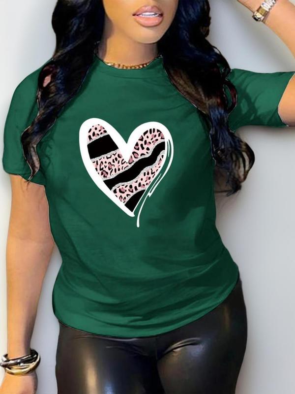 Women's Heart & Leopard Print Round Neck Tee, Casual Short Sleeve T-Shirt, Summer Clothes Women, Women's Tops for Summer