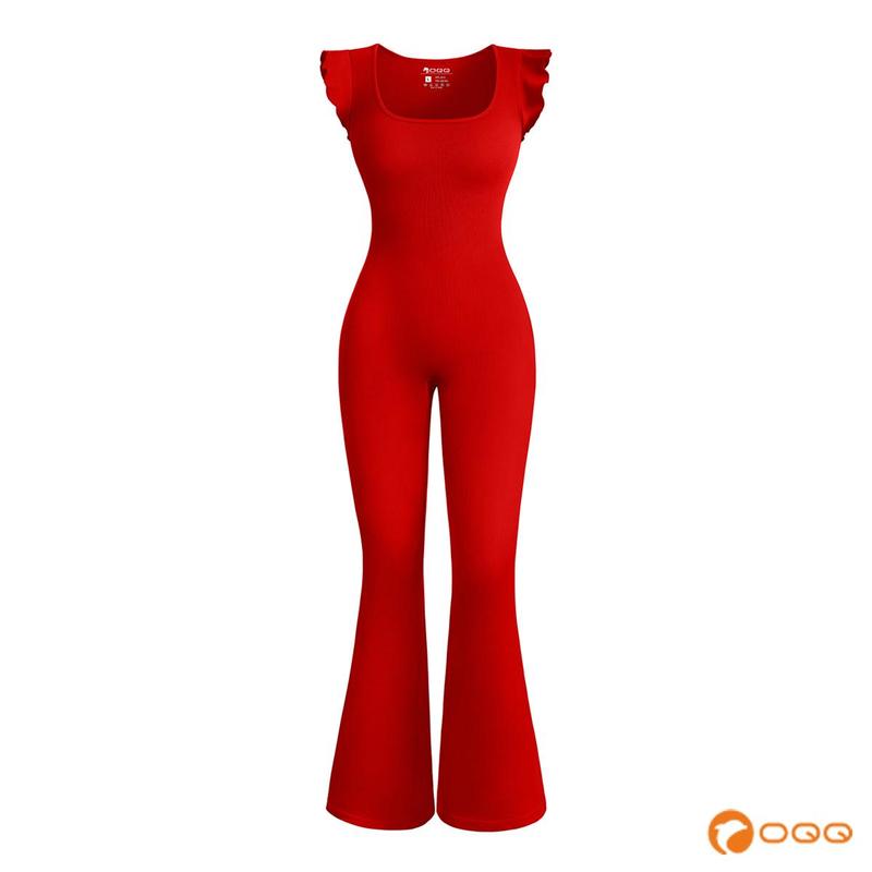 OQQ Jumpsuits For Women Ribbed Square Neck Ruffles Sleeveless Flare Long Pants Stretchy Soft Overalls Festival Party Jumpsuits Womenswear Lady Comfort