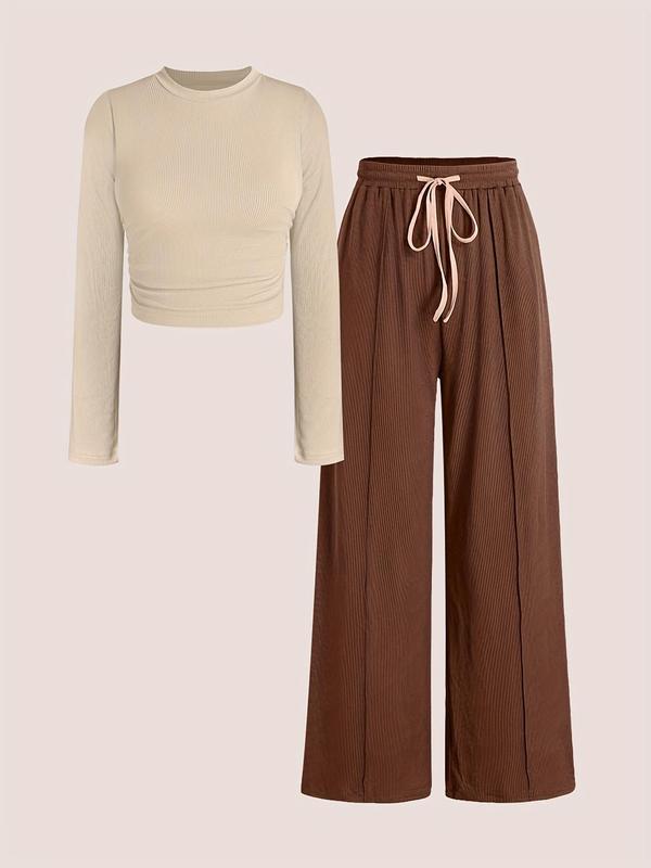 Two-Piece Set Women's Solid Color Ruched Tee & Drawstring Waist Pants, Casual Round Neck Long Sleeve Top & Wide Leg Trousers for Daily Wear, Ladies Two-piece Outfits for All Seasons