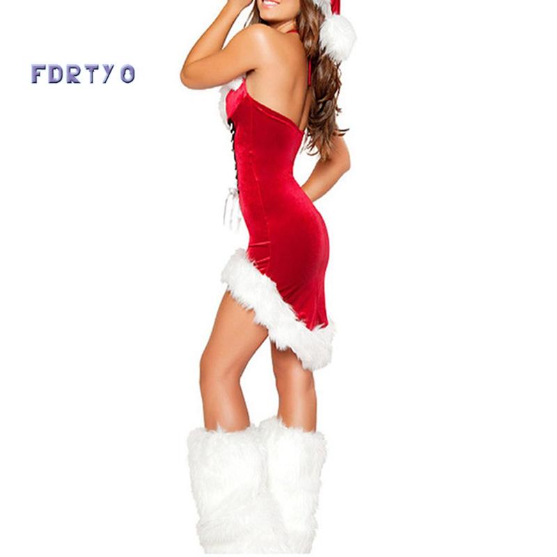 Women Christmas Costume Santa Cosplay Dress Plush Trim Patchwork Dress Party Costume with Hat and Leg Warmers party banquet