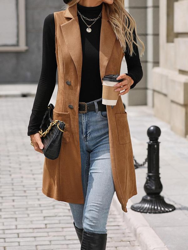 Women's Solid Button Decor Lapel Neck Suede Vest Blazer, Casual Sleeveless Pocket Open Front Longline Outerwear for Spring & Fall, Ladies Clothes for Daily Wear