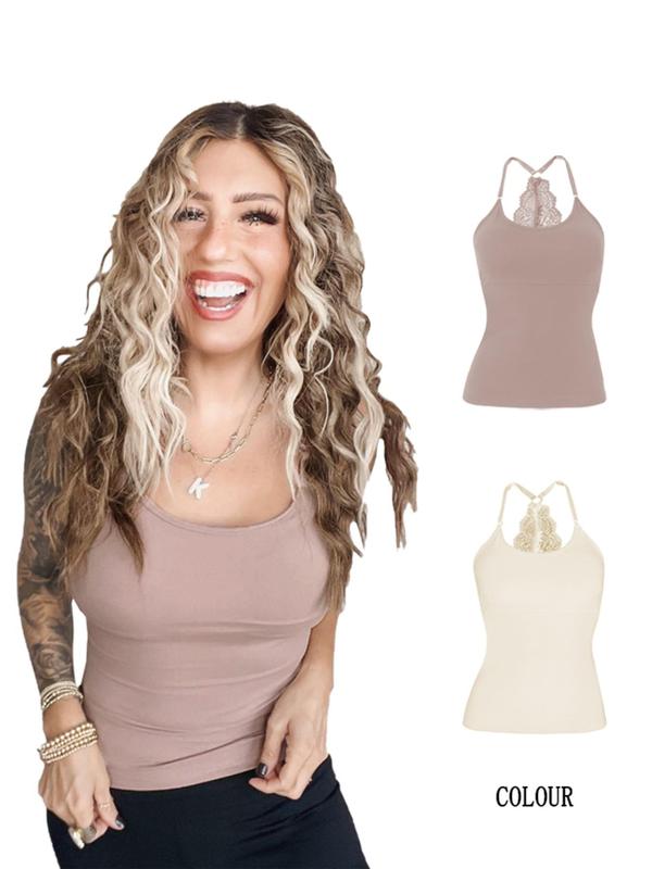 Two-piece Set Pack Women's Contrast Lace Backless Cami Top, Casual Sleeveless Spaghetti Strap Top for Daily Wear, Ladies Clothes for All Seasons