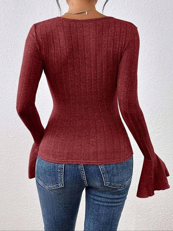 Women's Plain Ruffle Trim Flounce Sleeve Tee, Elegant Square Neck Long Sleeve T-shirt for Spring & Fall, Women's Clothing for Daily Wear