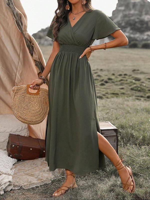 Women's Plain Split Thigh A Line Vintage Dress, Boho Shirred Butterfly Sleeve Long Dress for Beach Holiday Vacation, Back To School Clothes, Ladies Clothes for All Seasons,  Fall Dresses