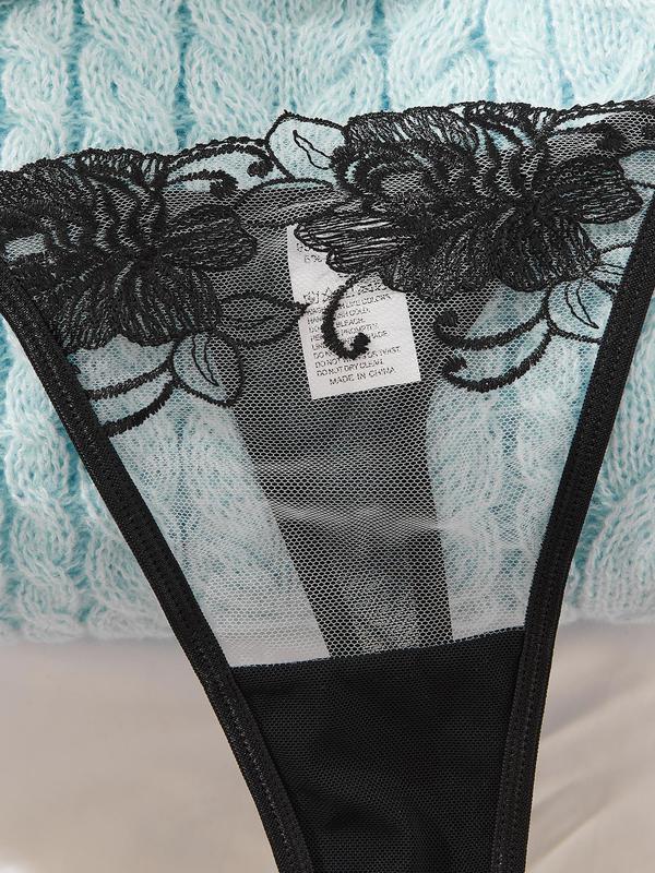 Women's Plain Floral Embroidery Sheer Tulle Sexy Lingerie Set, Sexy Adjustable Strap Backless Bra & Thong, Sexy Underwear Set for All Seasons