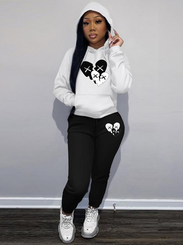 Women's Heart Print Pocket Hoodie  & Drawstring Waist Sweatpants Set, Casual Long Sleeve Hooded Pullover & Jogger Pants, Women's Fall & Winter Clothes