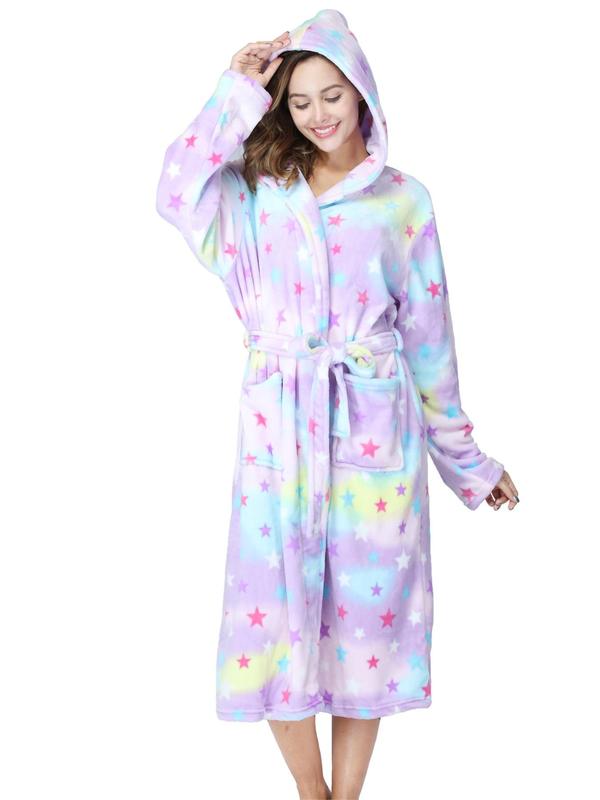 Women's All Over Print Flannel Hooded Robe, Fashion Dual Pocket Drop Shoulder Belted Bathrobe, Women's Sleepwear & Loungewear for Fall & Winter, Fall Wear, Fallfreshness