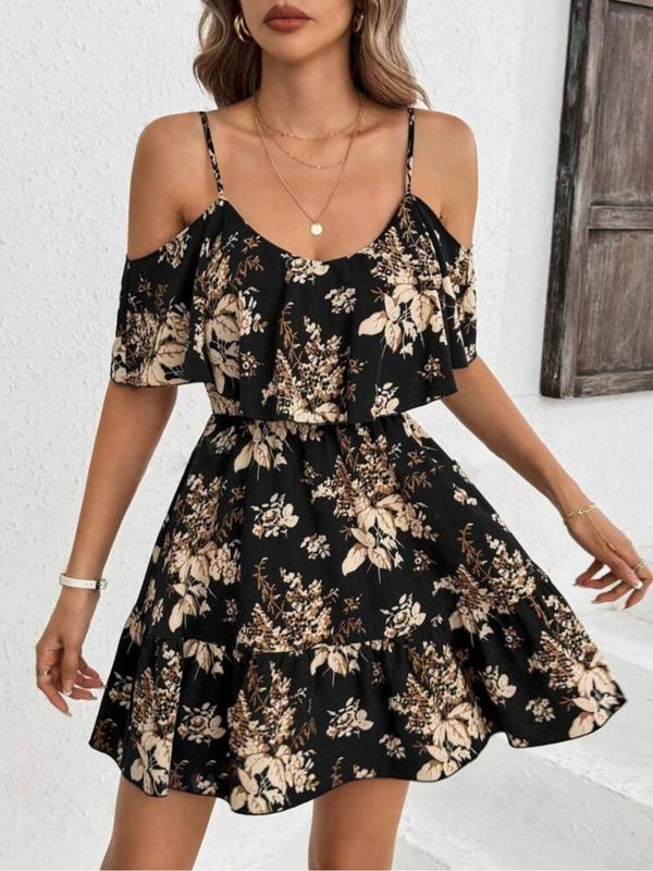 Women's Floral Print Cold Shoulder Ruffle A Line Vintage Dress, Summer Outfits 2024, Boho Flounce Sleeve Short Dress for Beach Holiday Vacation, Bohemain Lady Sundress, Ladies Birthday Outfit Black Girl Thneed Dress