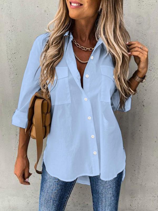 Women's Plain Button Front Pocket Shirt, Casual Long Sleeve Collared Top for Daily Wear, Going Out Tops, Ladies Clothes for All Seasons