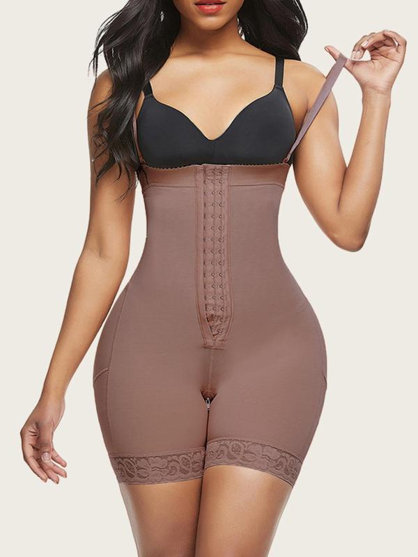 Women's Plain Hook & Eye Contrast Lace Shapewear Romper, Adjustable Strap Tummy Control Butt Lifting Shaper, Women's Shapewear Bottoms for Daily Wear