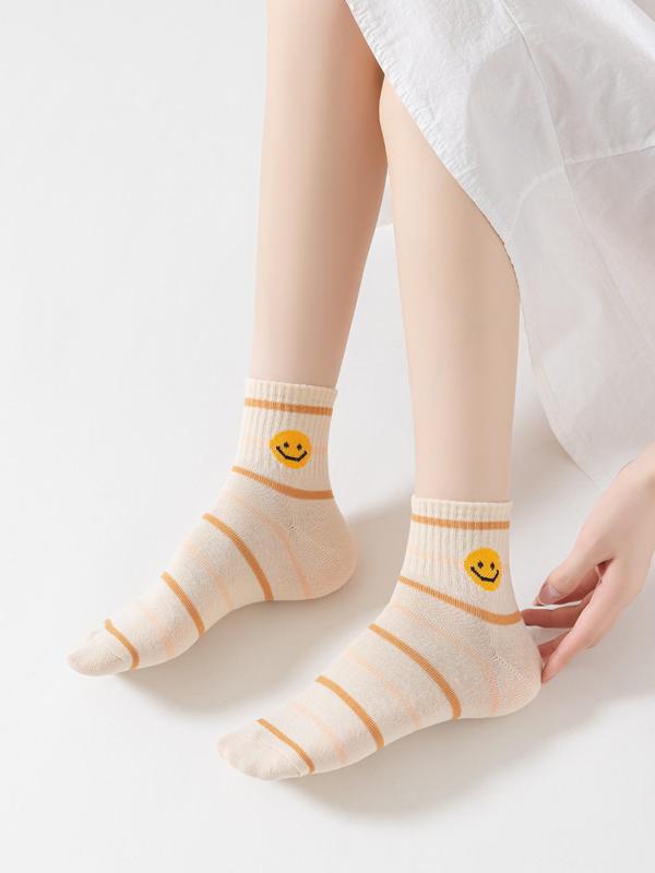 Women's Cartoon Smile Face Print Crew Socks, Cute Comfy Breathable Socks for All Seasons, Mid-calf Socks for Daily Wear