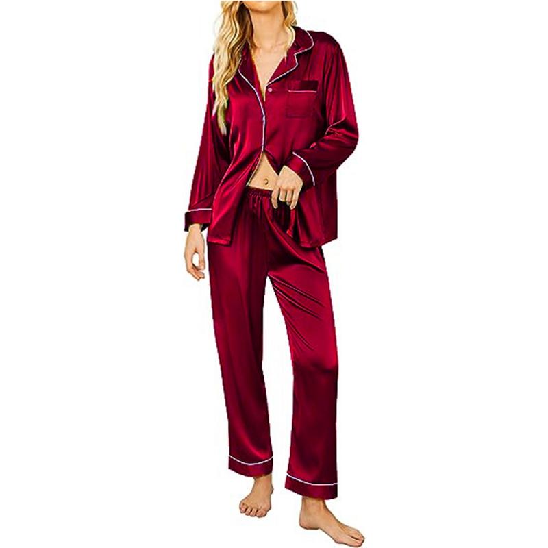 Women Silk Pajamas Set, Long Sleeve Satin Pajamas for Women Sleepwear Button Down Pjs Set Two-piece