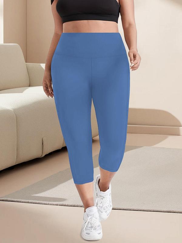 Plus Size Solid High Waist Pocket Capri Leggings, Casual Comfort Basic Skinny Capri Pants for Daily Womenswear, Leggings for Women, Women's Bottoms for Summer