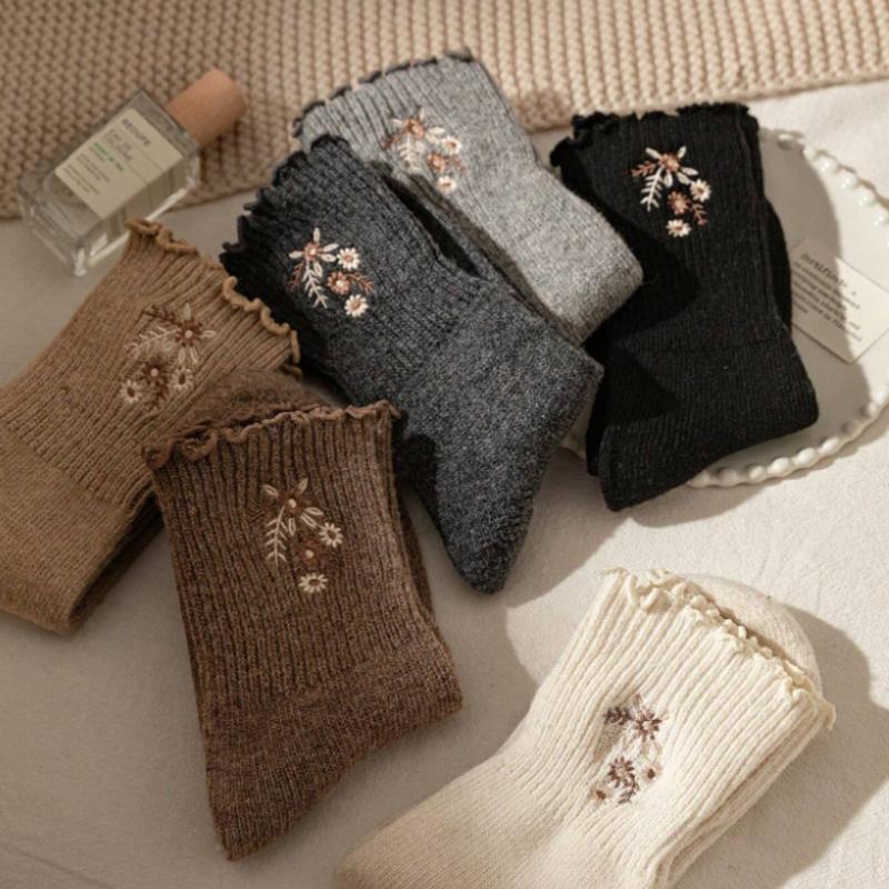 Women's Warm Embroidered Floral Wool Socks - Pack of 3 (Black Dark Grey Khaki) - Underwear, Womenswear