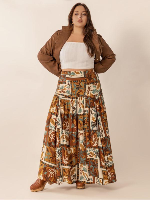  Patchwork Print A Line Skirt, Boho Fashion Casual Long Skirt for Daily Holiday Vacation Wear, Women's Bottoms for Fall & Winter