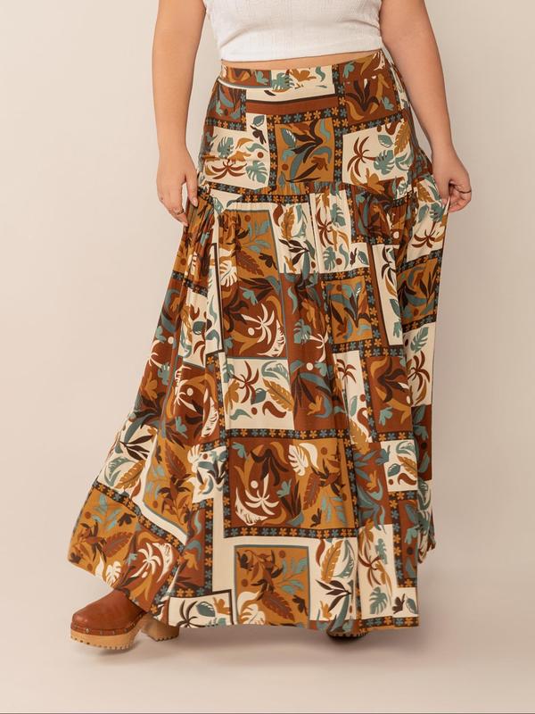  Patchwork Print A Line Skirt, Boho Fashion Casual Long Skirt for Daily Holiday Vacation Wear, Women's Bottoms for Fall & Winter