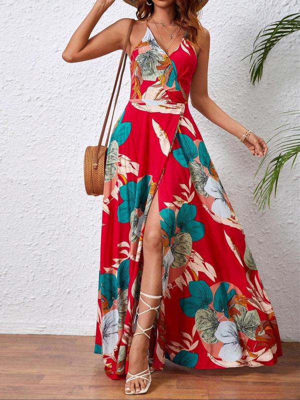 Women's Floral Backless Split Thigh Wrap Vintage Dress, Summer Clothes, Back To School Outfits, Lady Casual Boho Sleeveless Spaghetti Strap Long Sundress, Casual Summer Outfits 2024