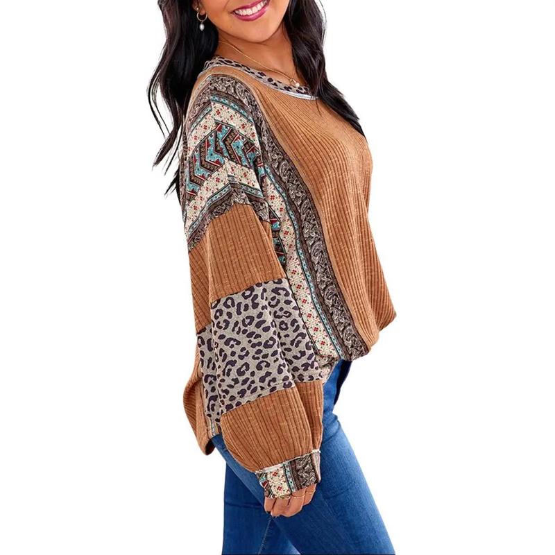 Womens Long Sleeve Oversized Retro Leopard Contrast Patchwork Top