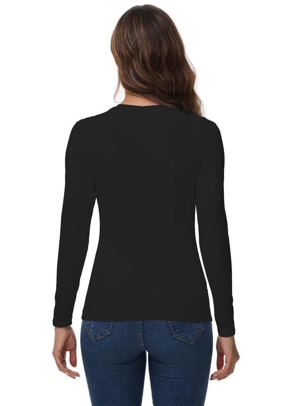 Women's Solid Long Sleeve Thermal Lined Tee, Casual Round Neck T-shirt for Fall & Winter, Ladies Clothes for Daily Wear