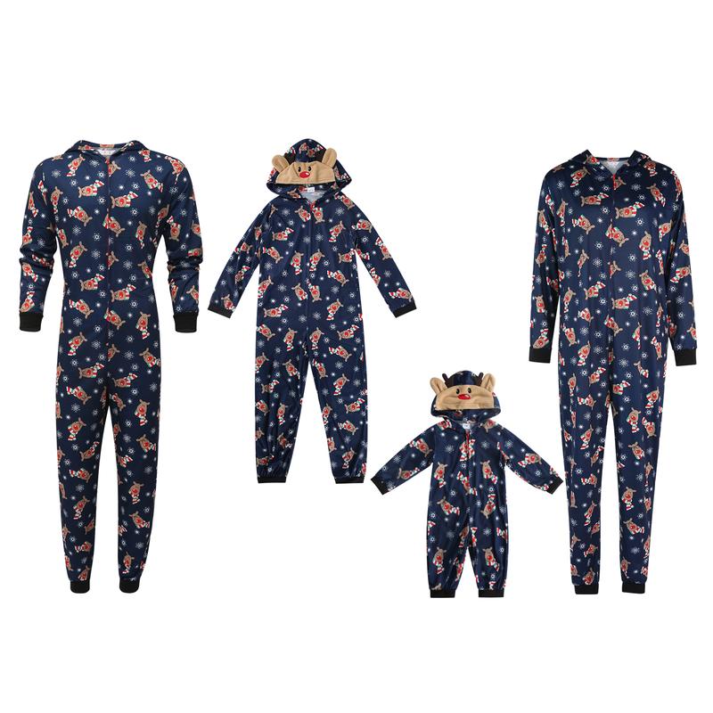 Elk Print Jumpsuit Christmas Pajamas For Family, Elk Print Hooded Long Sleeve Jumpsuit with Zipper for Woman, Man, Kid, Baby