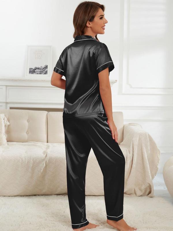 Two Pieces Women's Contrast Binding Lapel Pyjama Set, Button Front Short Sleeve Pocket Shirt & Pants PJ Set for Fall, Casual Comfortable Sleepwear Set, Pajama Sets Women, Fall Wear 2024 Black Girl Wear