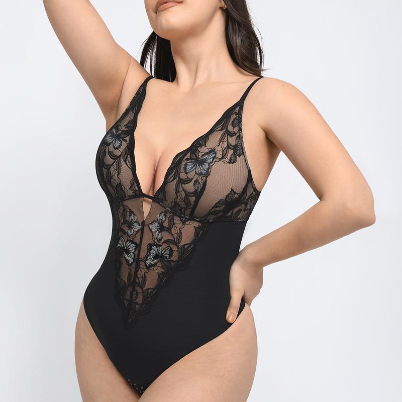 FeelinGirl Lace Shapewear Bodysuit Tummy Control Deep V Lingerie for Women One Piece Backless Body Suit Thongs Breathable Comfortable Womenswear FeelinGirlshop