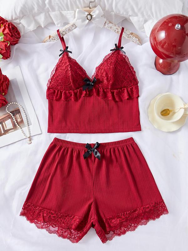 Women's Contrast Lace Bow Decor Ribbed Pyjama Two-Piece Set, Elegant Adjustable Spaghetti Strap Ruffle Trim Crop Camisole & Elastic Waist Shorts PJ Set, Ladies Sleepwear for All Seasons