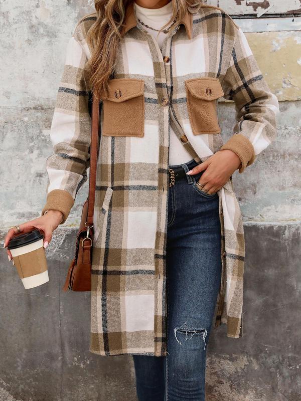 Women's Plaid Print Button Front Pocket Coat, Casual Long Sleeve Collared Outerwear for Fall & Winter, Ladies Clothes for Daily Wear