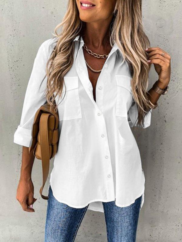 Women's Plain Button Front Pocket Shirt, Casual Long Sleeve Collared Top for Daily Wear, Going Out Tops, Ladies Clothes for All Seasons