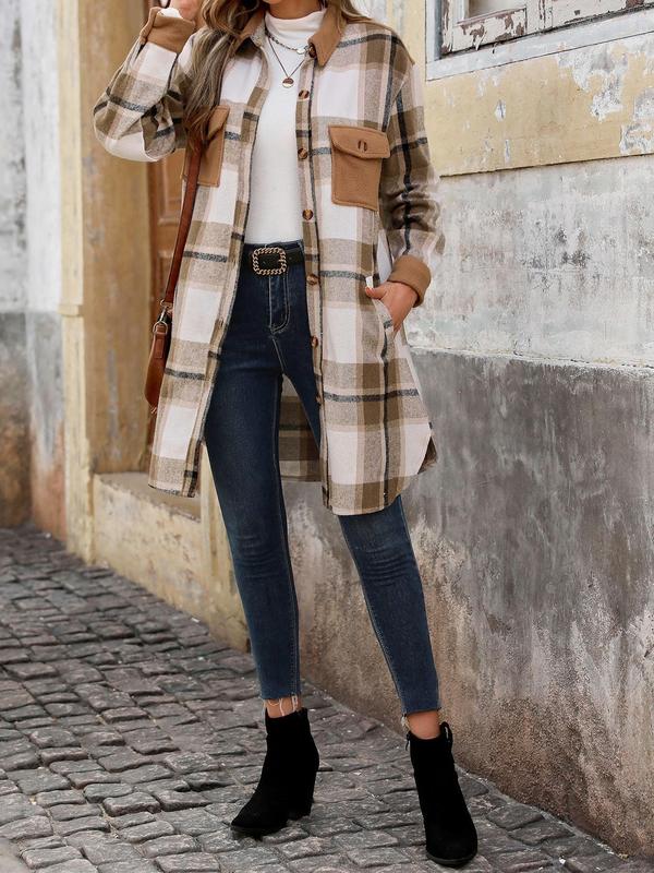 Women's Plaid Print Button Front Pocket Coat, Casual Long Sleeve Collared Outerwear for Fall & Winter, Ladies Clothes for Daily Wear