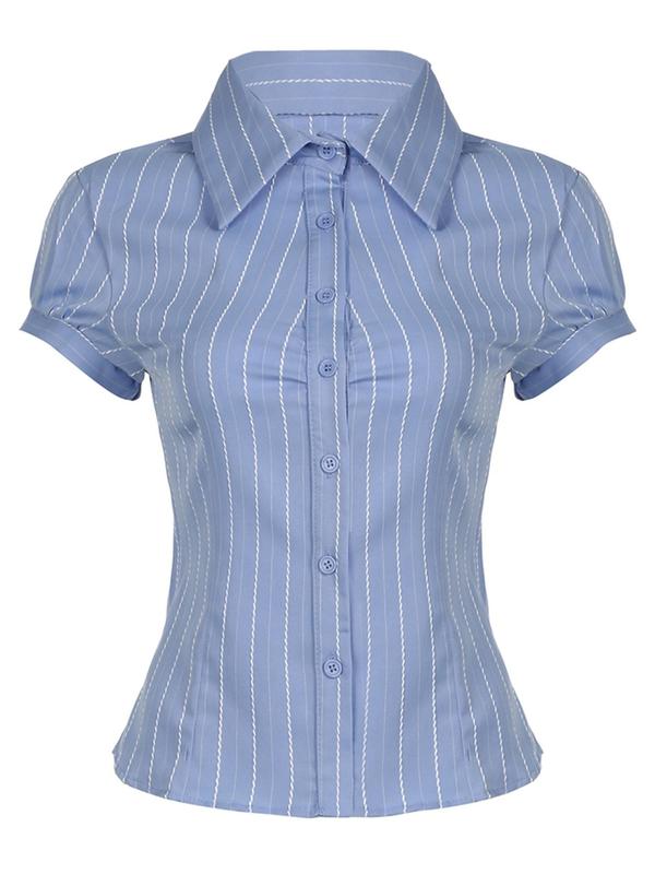 Women's Striped Print Button Front Blouse, Casual Short Sleeve Collar Shirt for Summer, Ladies Clothes for Daily Wear