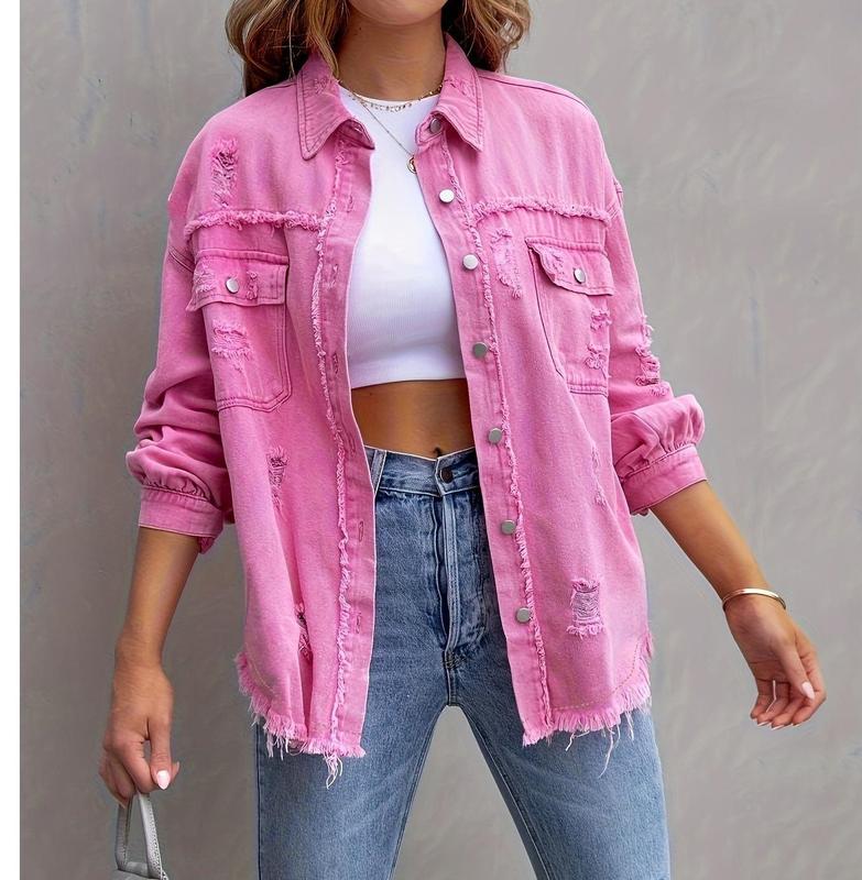 Womens Oversized casual long Ripped Denim Jacket Frayed Hem Button Front Boyfriend Jean Coat Western sleeve pocket jacket