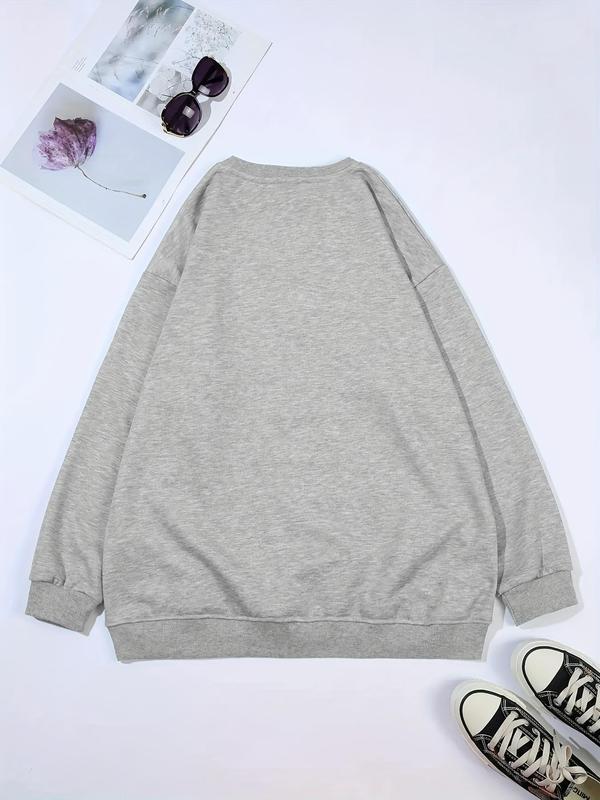 Women's Letter Print Crew Neck Sweatshirt For Spring, Lady Casual Style Comfort Soft Drop Shoulder Long Sleeve Crewneck Pullover For Fall & Winter, Women's Clothes For Daily Outdoor Wear, Womenswear