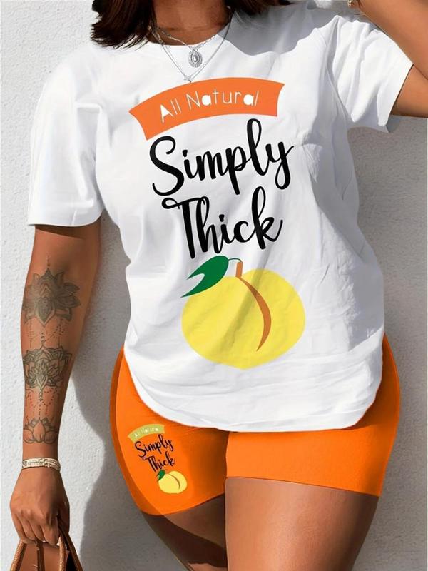 Two-Piece Set Women's Short Sleeve Graphic Tee & Skinny Shorts Matching Sets, Fruit Letter Print Round Neck T-shirt & Shorts Two Piece Set, Back-to-School Clothing, Casual Summer Outfits 2024 Sets for Daily Wear