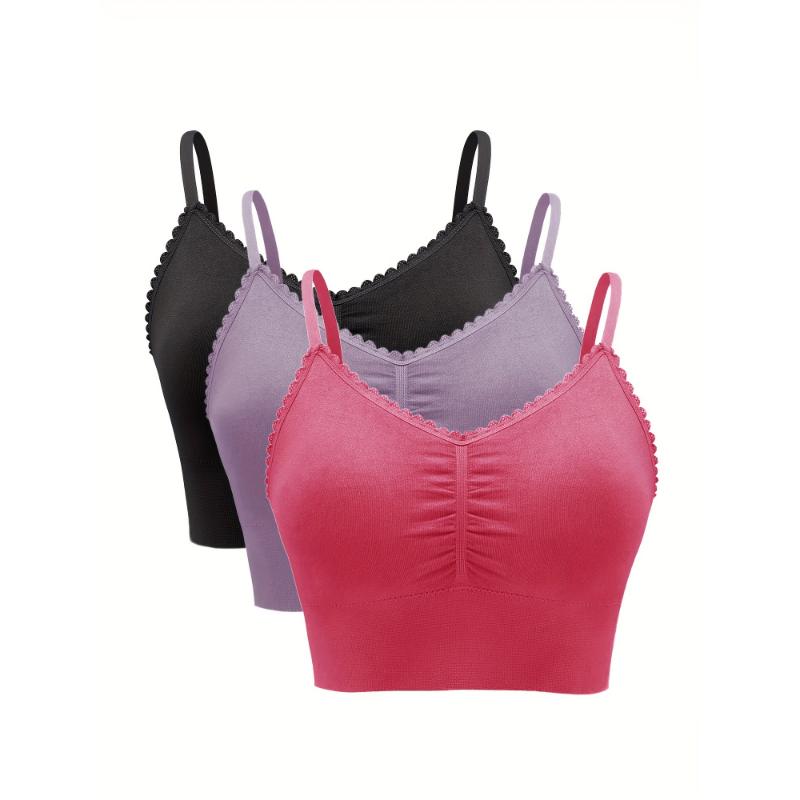 3 Pack Plus Size Casual Bra Set, Women's Plus Solid Ruched Wireless Padded Lace Bralette Three Piece Set