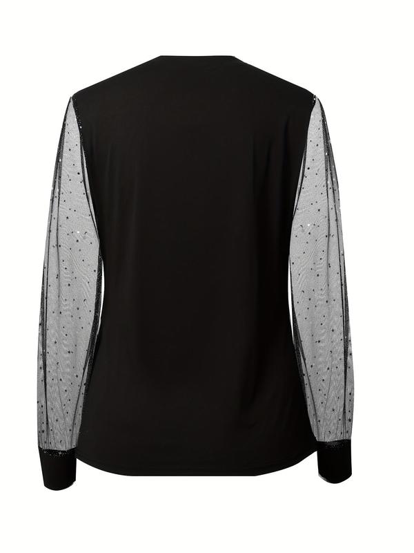  Contrast Mesh Sequin Zipper Tee, Elegant Bishop Sleeve Round Neck Top for Spring & Fall, Women's Clothing for Daily Wear