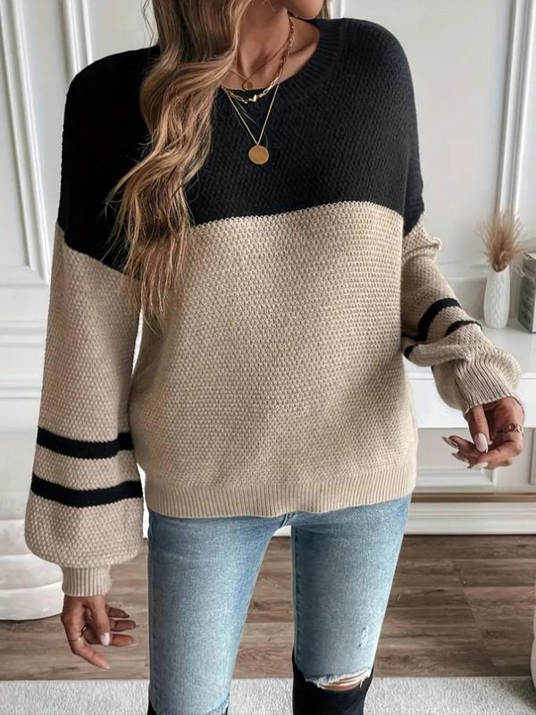 Plus Size Patchwork Drop Shoulder Sweater, Casual Long Sleeve Round Neck Jumper for Fall & Winter, Going Out Tops, Women's Plus Clothing for Daily Wear