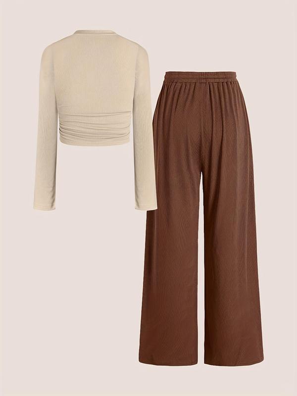 Two-Piece Set Women's Solid Color Ruched Tee & Drawstring Waist Pants, Casual Round Neck Long Sleeve Top & Wide Leg Trousers for Daily Wear, Ladies Two-piece Outfits for All Seasons