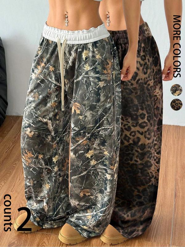 Women's Leopard & Camo Print Drawstring Waist Sweatpants, Casual Pocket Wide Leg Trousers for Daily Wear, Ladies Bottoms for All Seasons